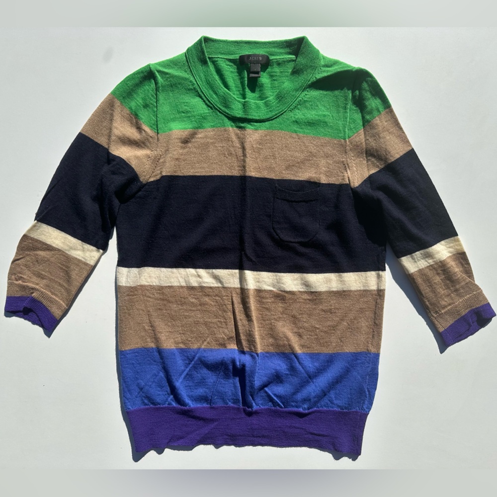 J. Crew Merino Striped Crewneck Sweater in Green, Taupe, Navy & Purple, S